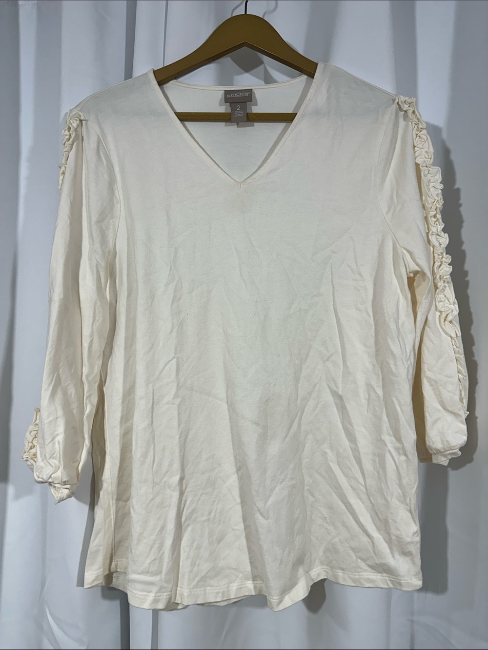 Chico's Ruffle Sleeve Top Size 2 (Large) Ivory Cotton Modal Knit Blouse Office